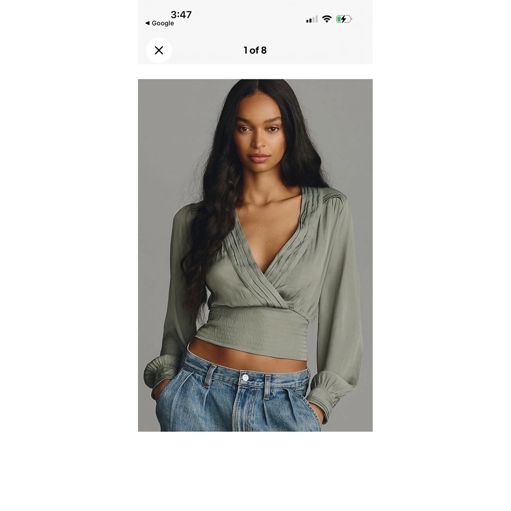 Anthropologie Smocked Waist Surplice Blouse Sage Green Long Sleeve Tie Back S